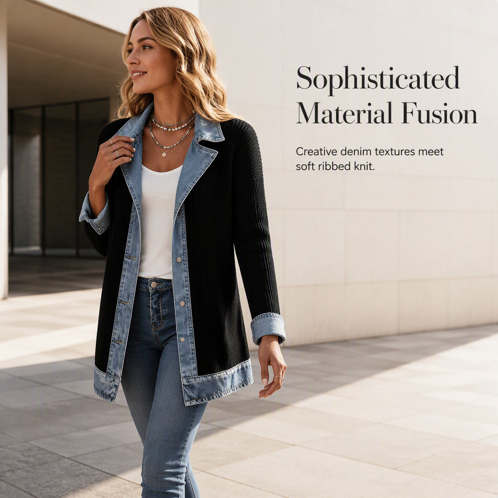 Women’s Elegant Denim Spliced Ribbed Knit Coat-2