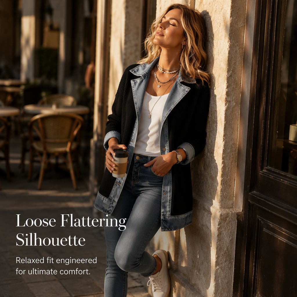 Women’s Elegant Denim Spliced Ribbed Knit Coat-3