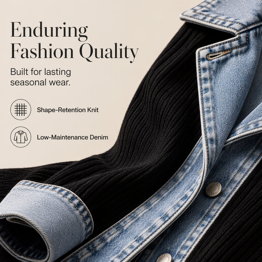 Women’s Elegant Denim Spliced Ribbed Knit Coat-6