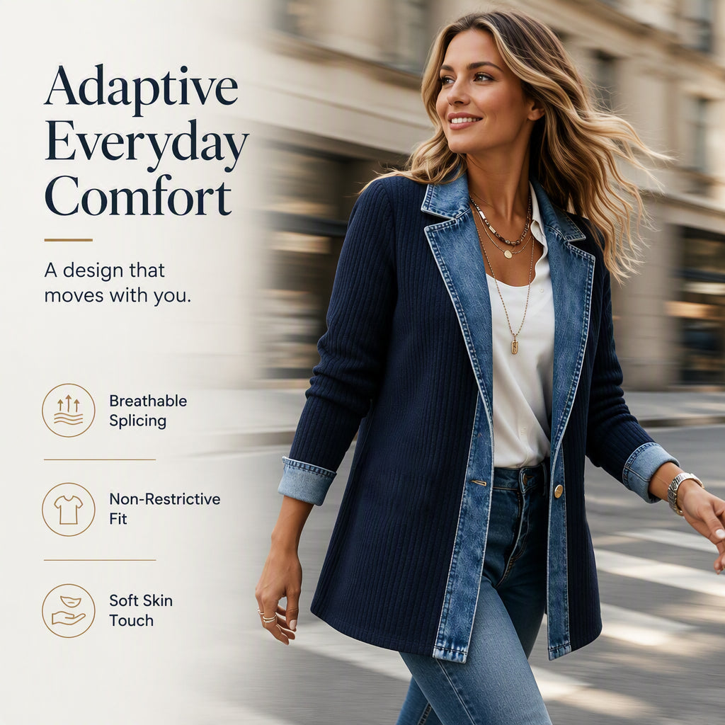 Women’s Elegant Denim Spliced Ribbed Knit Coat-7
