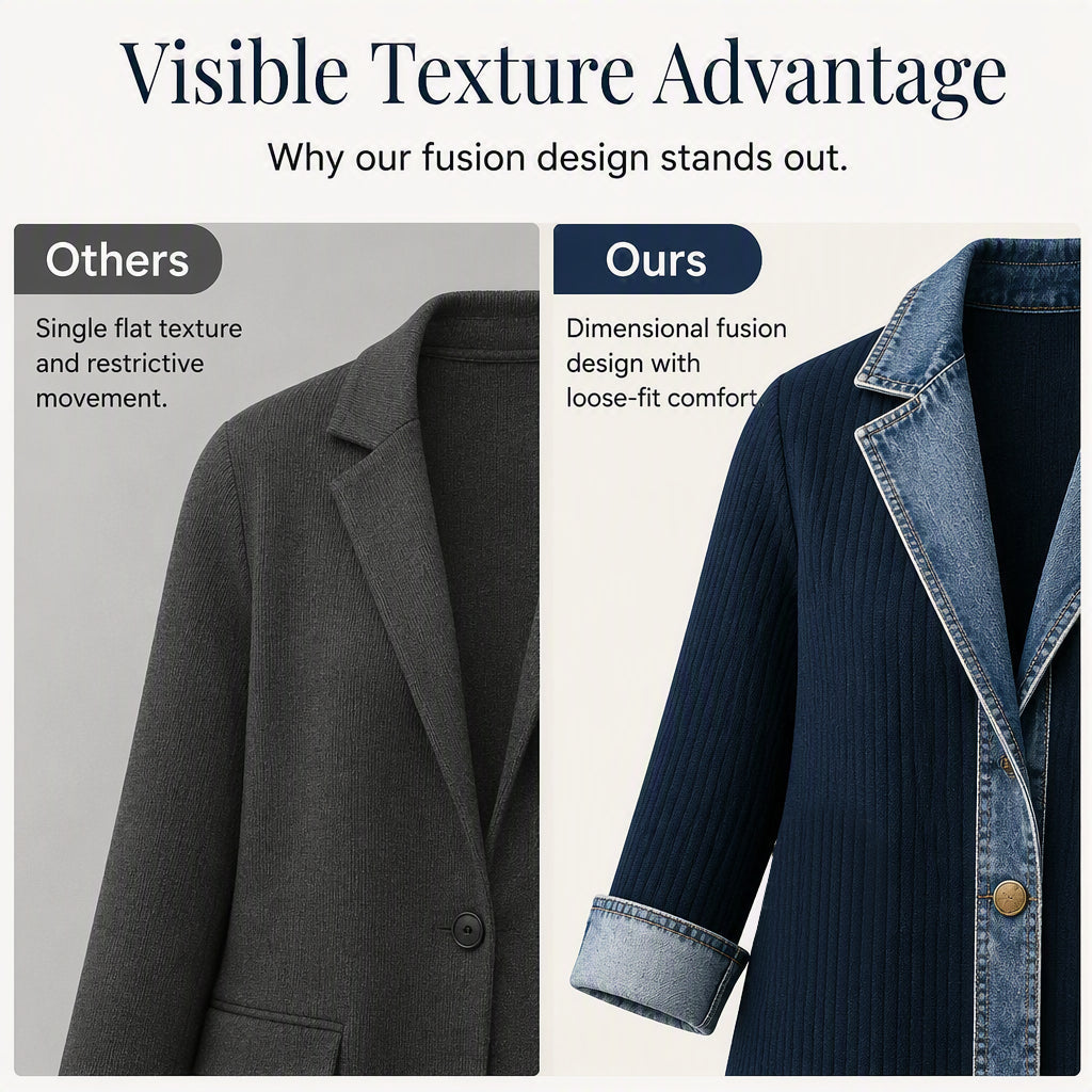 Women’s Elegant Denim Spliced Ribbed Knit Coat-8