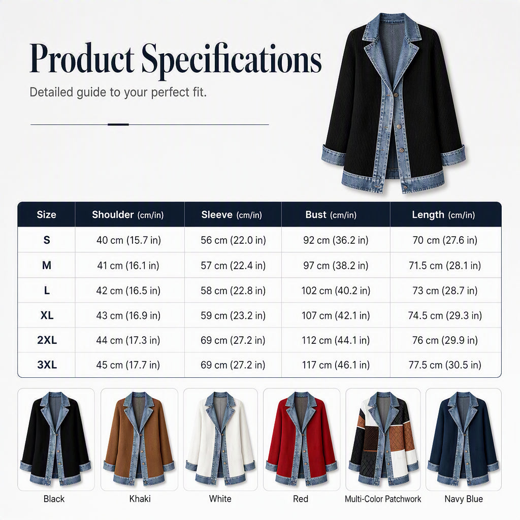 Women’s Elegant Denim Spliced Ribbed Knit Coat-9