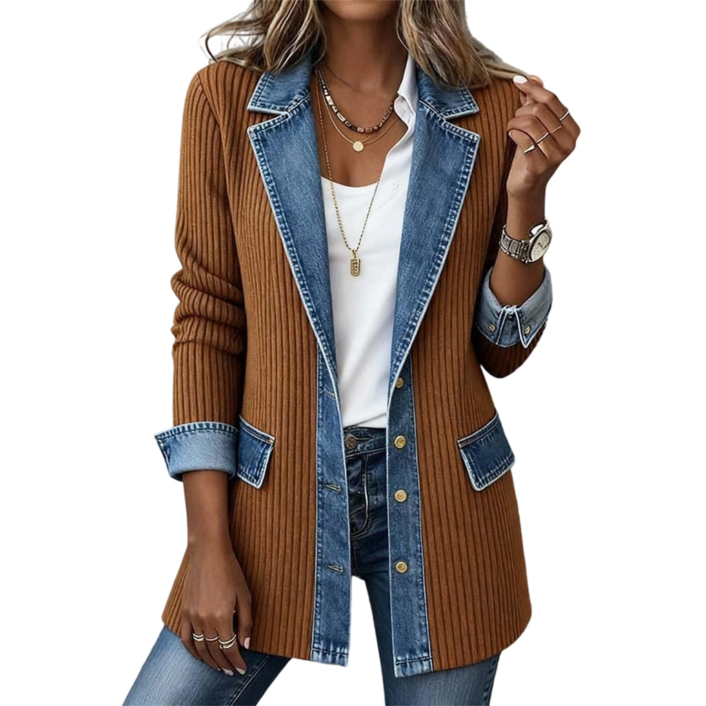 Women’s Elegant Denim Spliced Ribbed Knit Coat-12
