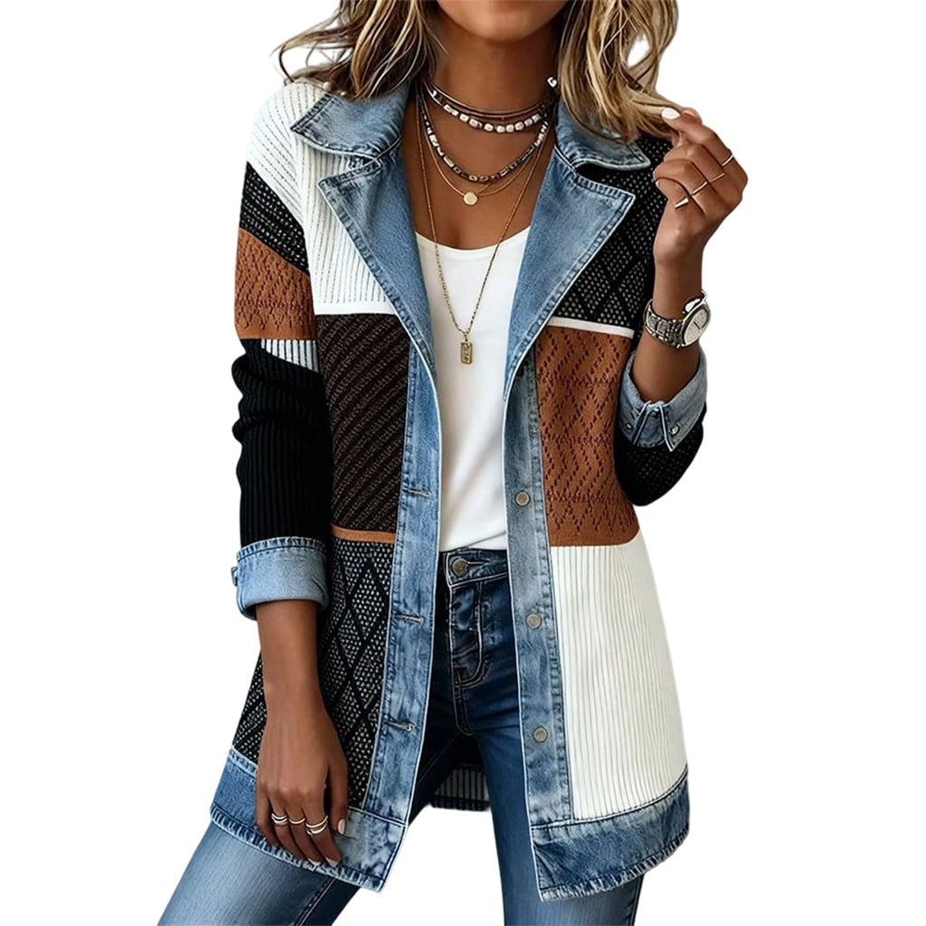 Women’s Elegant Denim Spliced Ribbed Knit Coat-13