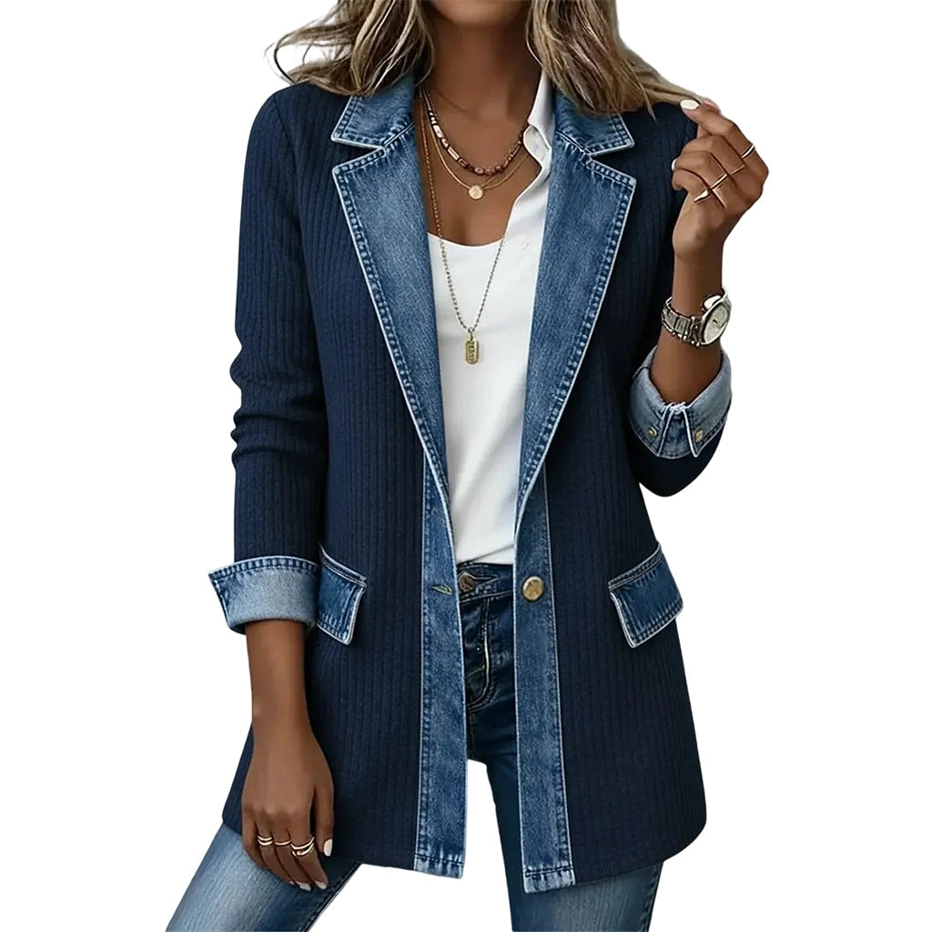 Women’s Elegant Denim Spliced Ribbed Knit Coat-15