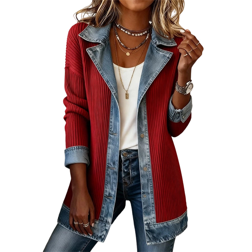 Women’s Elegant Denim Spliced Ribbed Knit Coat-16