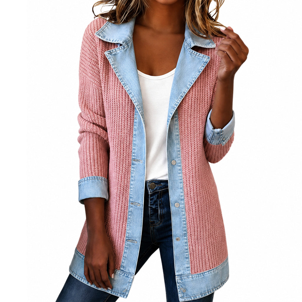 Women’s Elegant Denim Spliced Ribbed Knit Coat-18