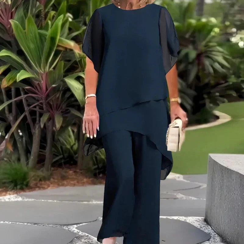 Damen-Zweiteiler: Charmantes asymmetrisches Top & Hose mit weitem Bein-1