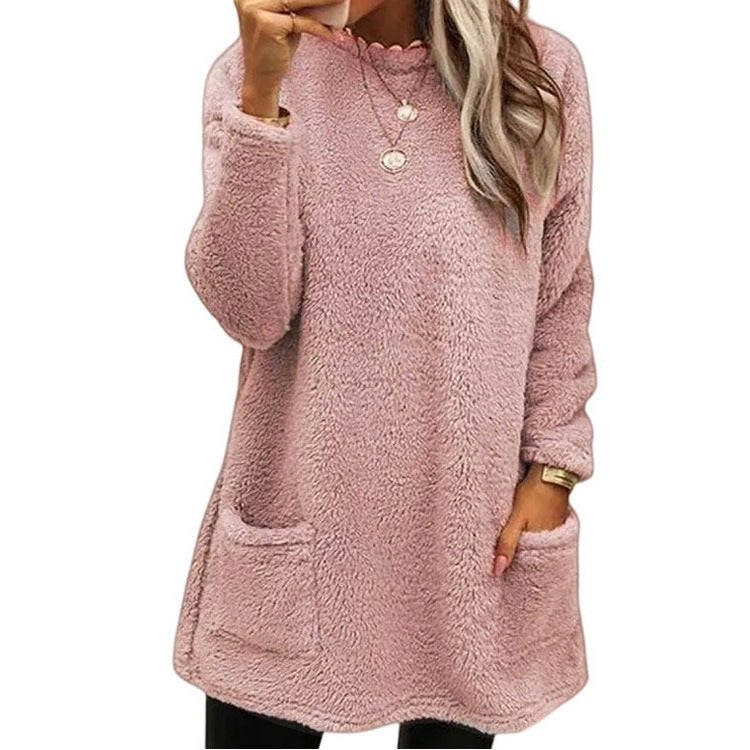 Varm damegenser med rund hals og lange ermer-7
