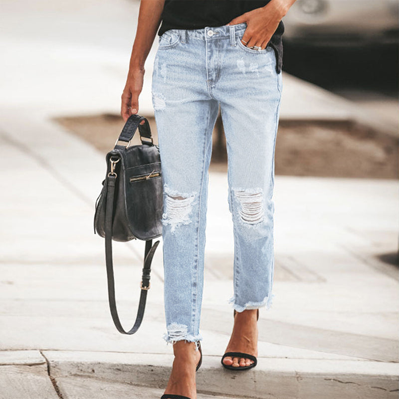 Dame retro-slitte jeans med revner-11