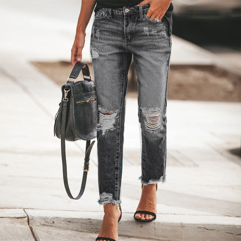 Dame retro-slitte jeans med revner-10