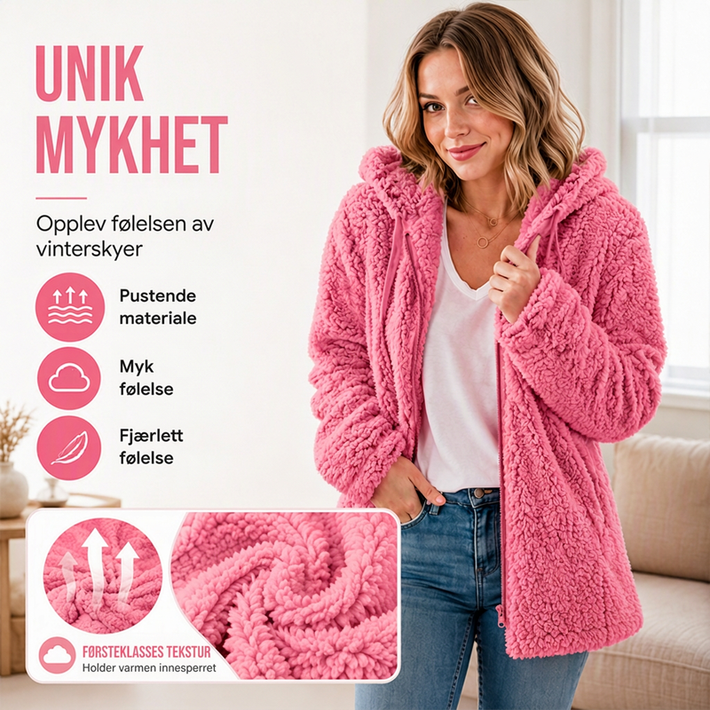 Dames dongeridress med glidelås og myk pelskant-3