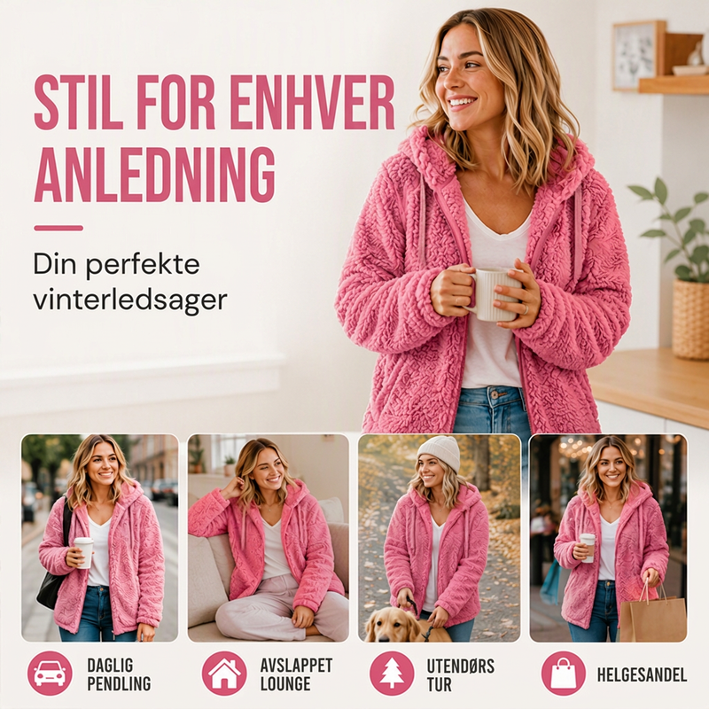 Dames dongeridress med glidelås og myk pelskant-4