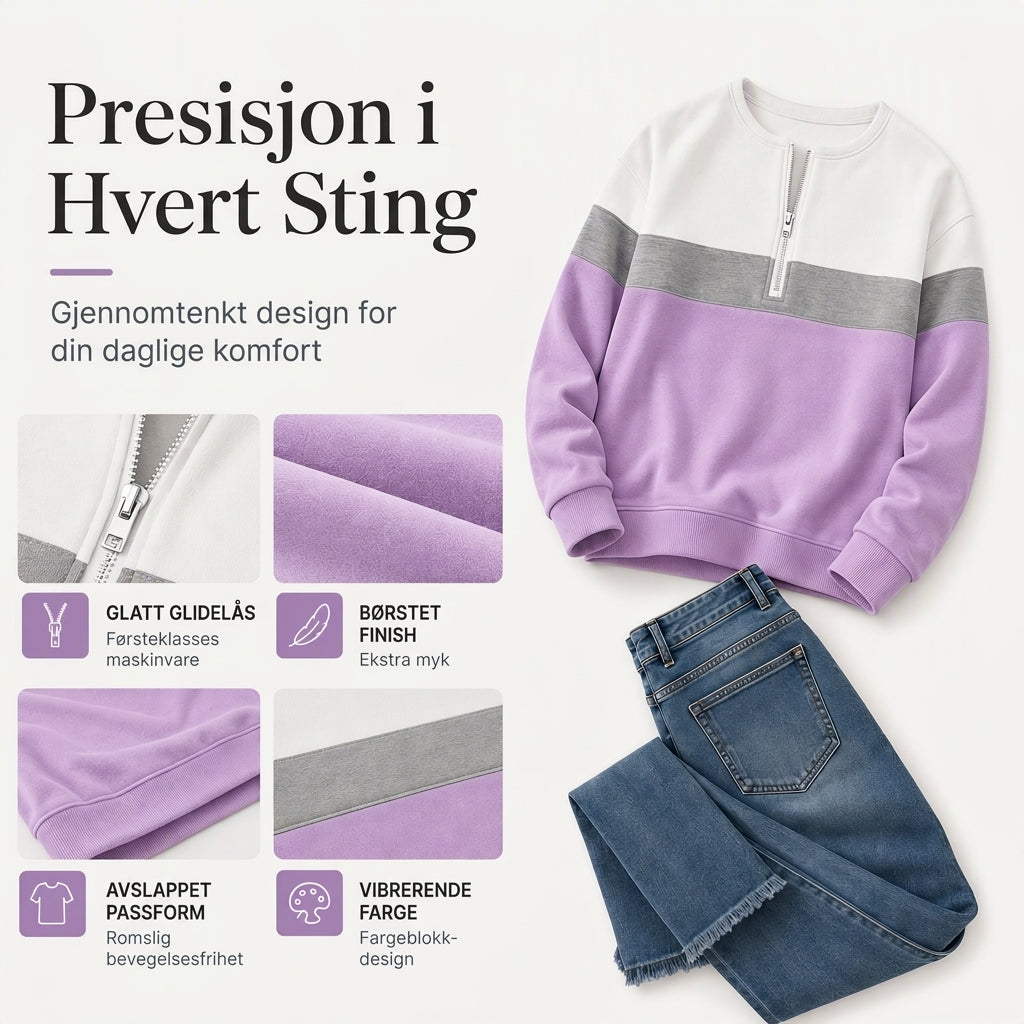 Genser med halvt glidelås og fargeblokk for kvinner-1