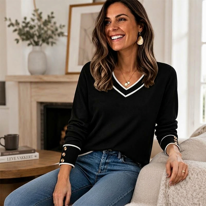 Elegant strikket topp for kvinner med kontrast-V-hals-7