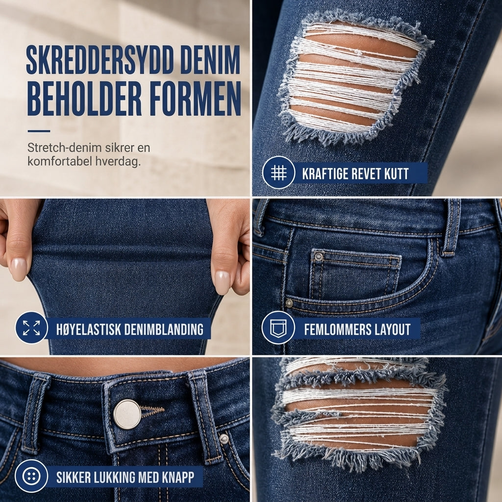 Dame høyvist, revne skinny-jeans, slitt og strekkbar denim-bukser-4