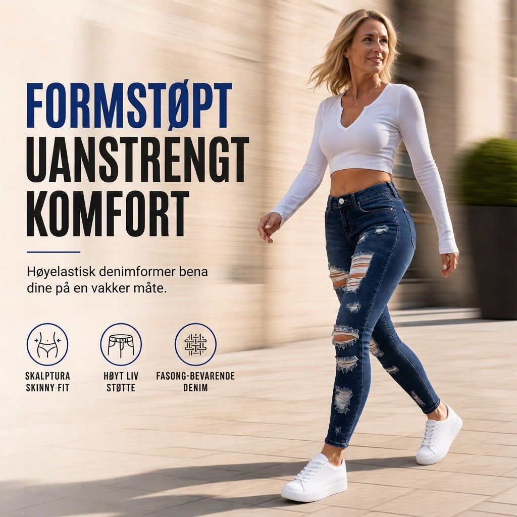 Dame høyvist, revne skinny-jeans, slitt og strekkbar denim-bukser-5