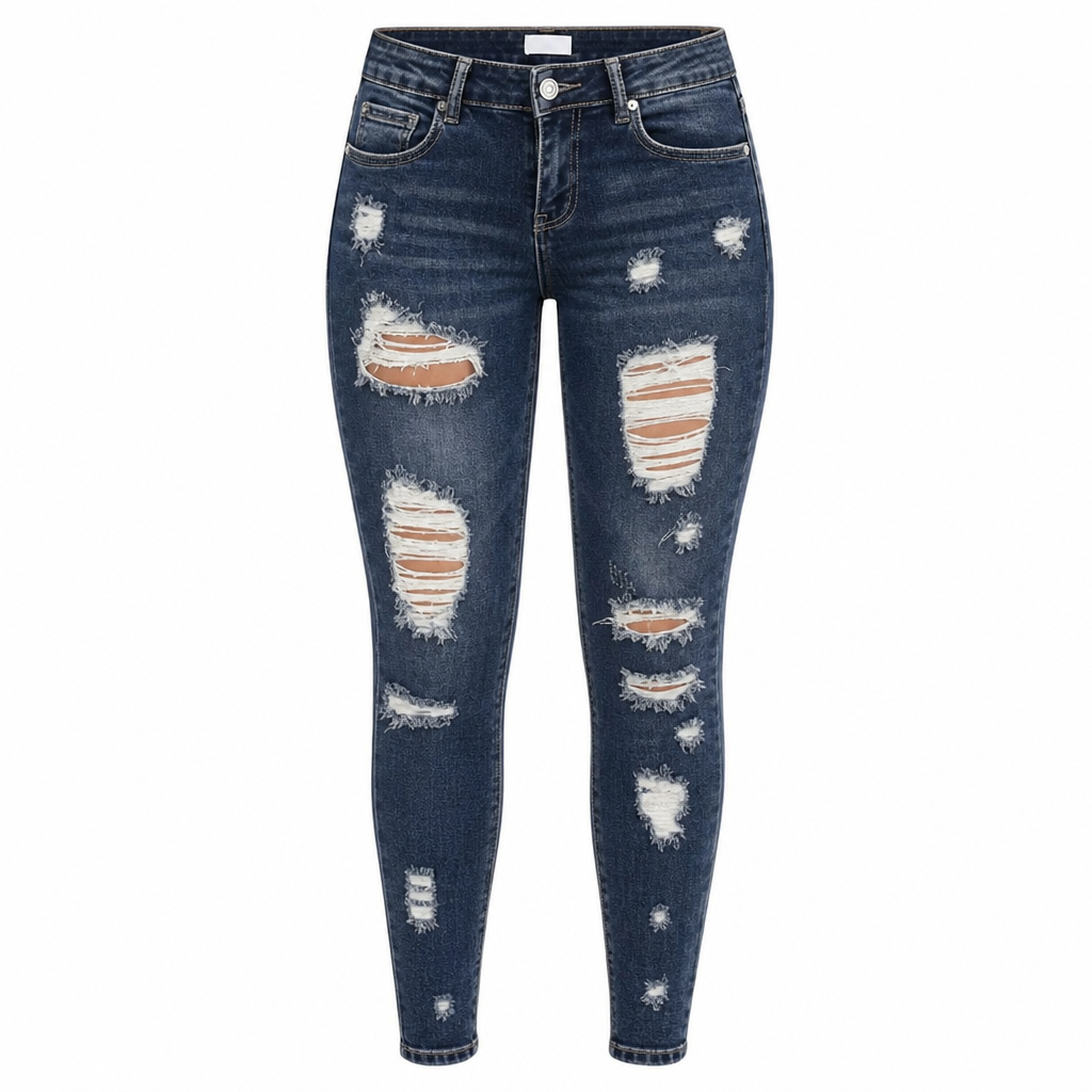 Dame høyvist, revne skinny-jeans, slitt og strekkbar denim-bukser-9