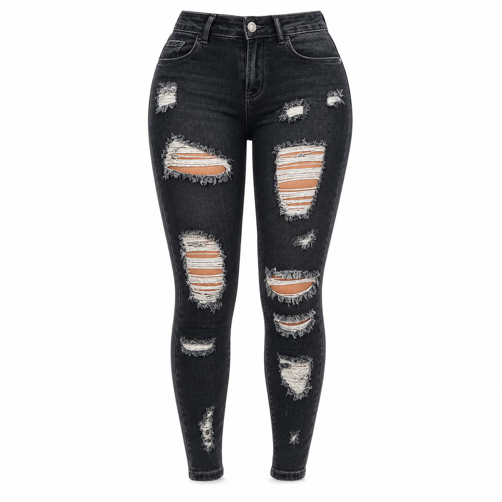 Dame høyvist, revne skinny-jeans, slitt og strekkbar denim-bukser-8