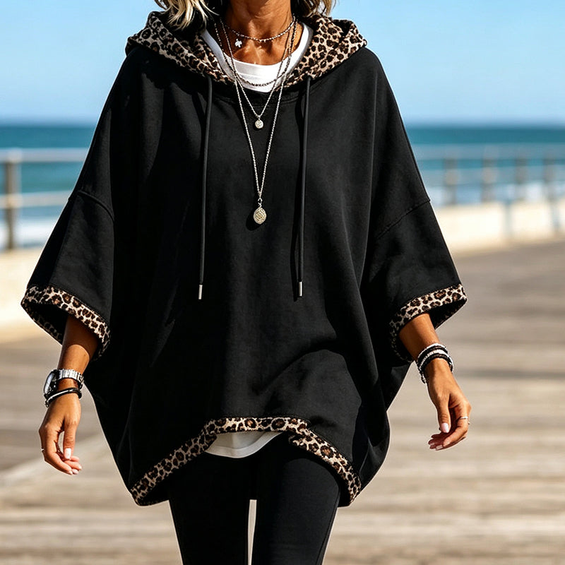 Hettegenser for kvinner med leopardprintkant-6