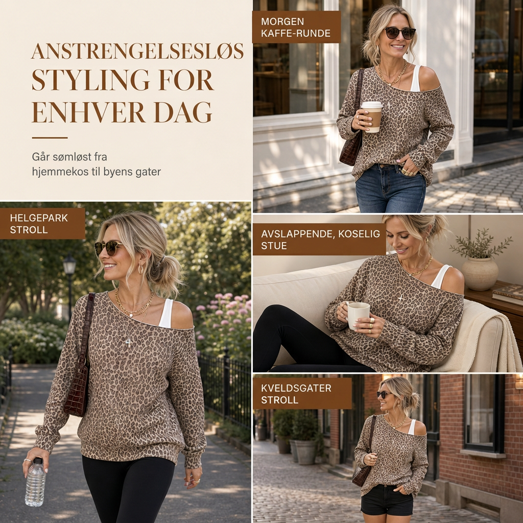 Uformell Genser med Leopardmønster, Avskuldret, Løs Passform, Langermet, Gensertopp i Bomullsblanding-6