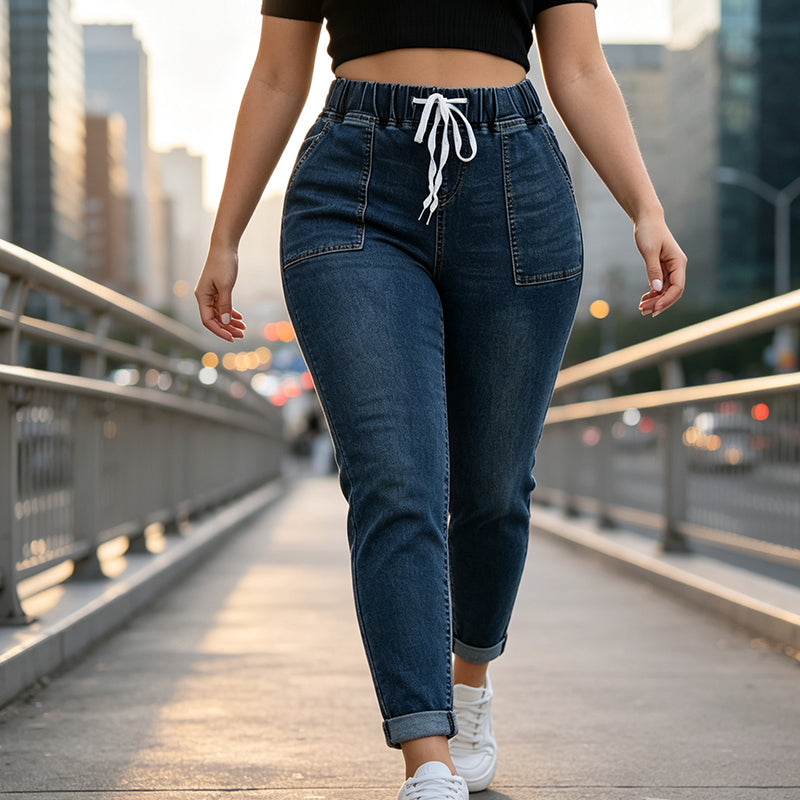 Jeansbukser for kvinner med elastisk midje og lommer-5