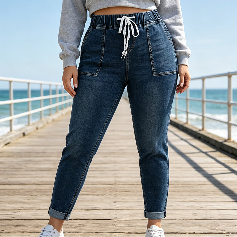 Jeansbukser for kvinner med elastisk midje og lommer-6