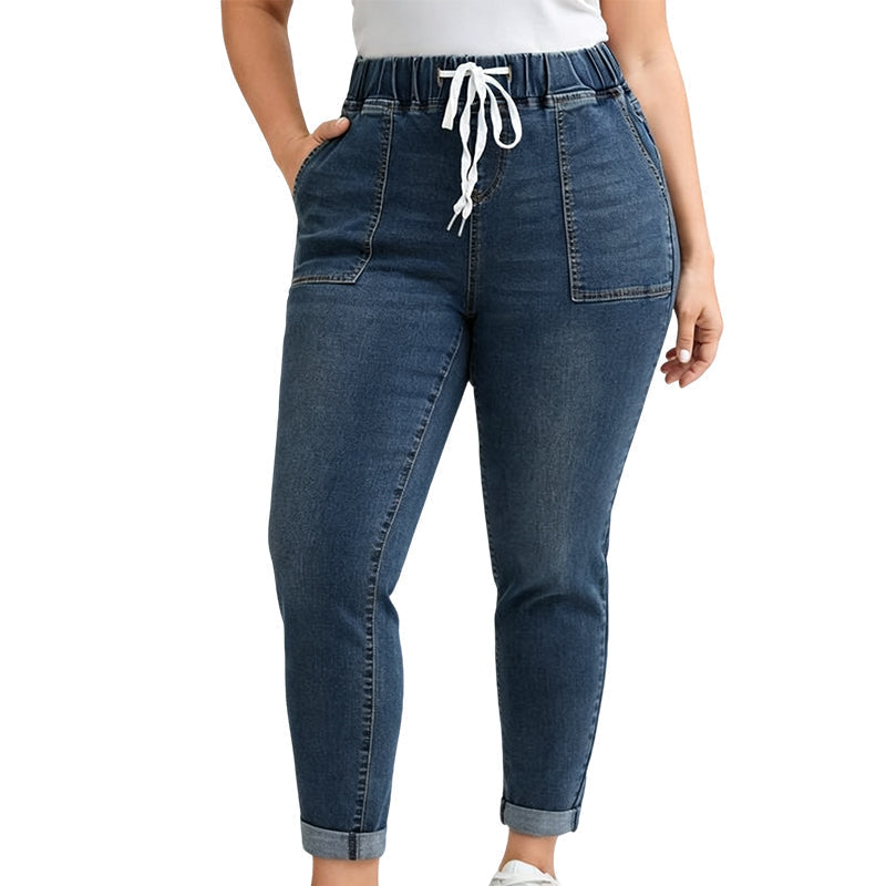 Jeansbukser for kvinner med elastisk midje og lommer-9