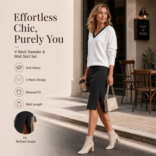 ✨ Smigrende V-hals, Elegant Ribbestil | Dame 2-dels Skjørt Sett ⚡ Gratis Frakt
