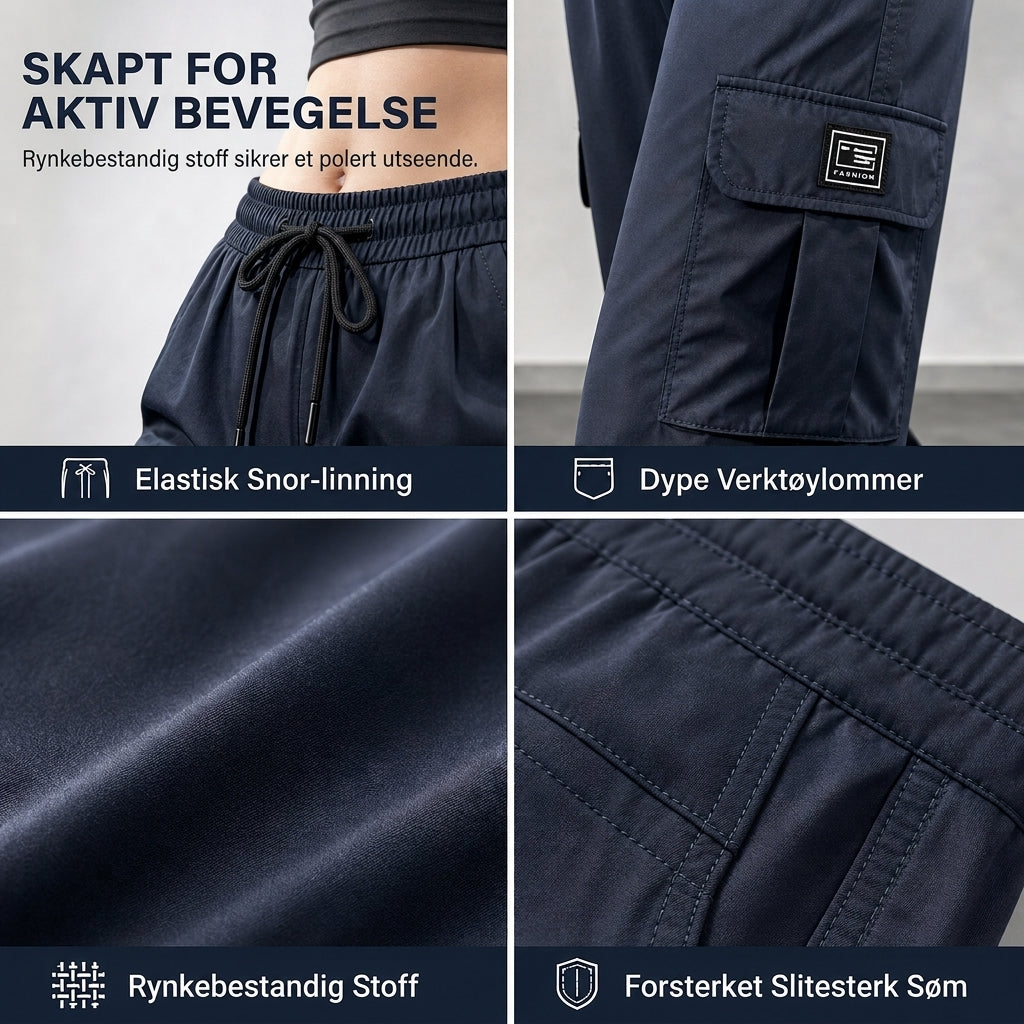 Dames løstsittende cargo-bukser med rette ben, elastisk midje med snøring og praktiske sidelommer-3