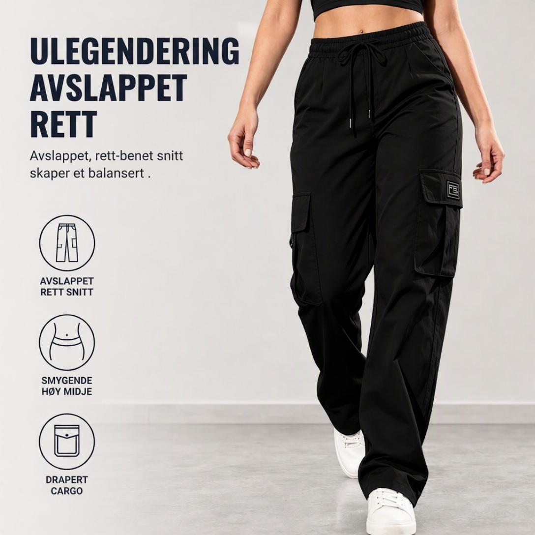 Dames løstsittende cargo-bukser med rette ben, elastisk midje med snøring og praktiske sidelommer-4