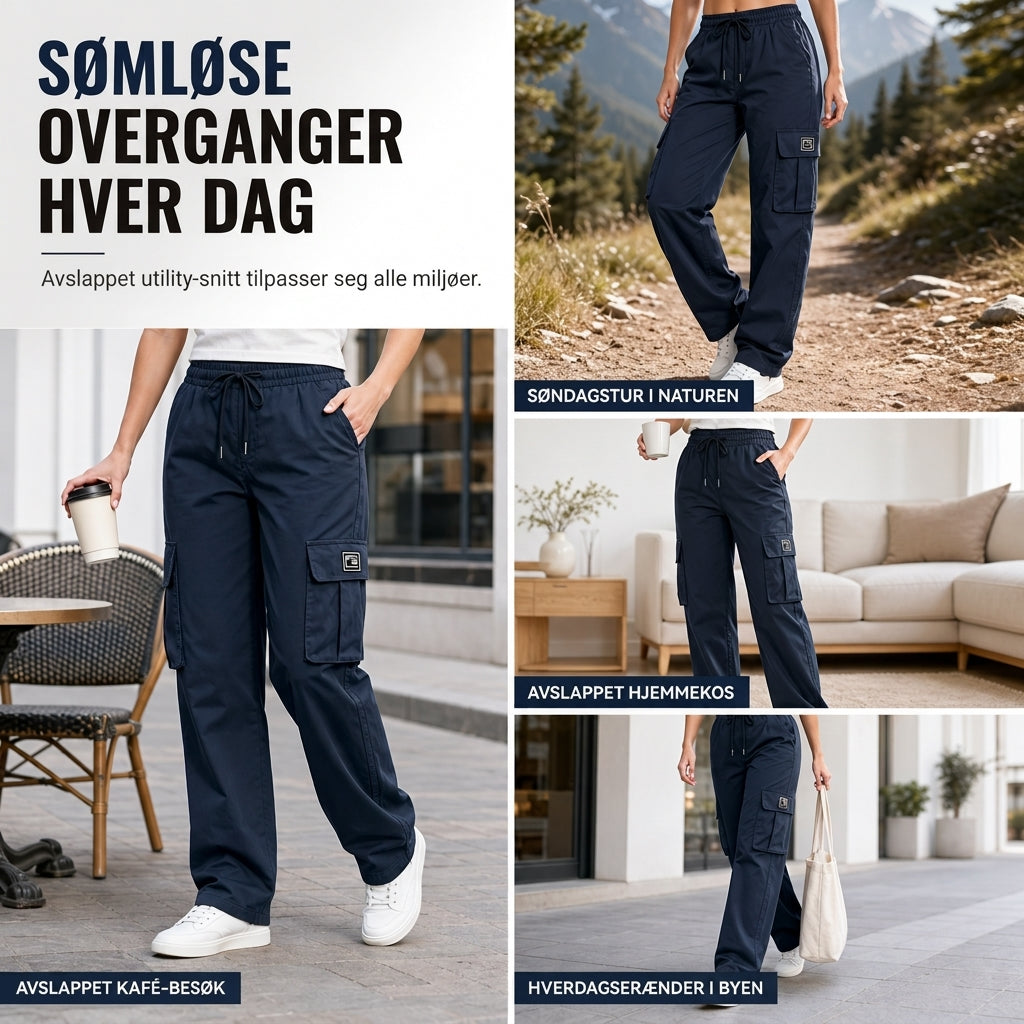 Dames løstsittende cargo-bukser med rette ben, elastisk midje med snøring og praktiske sidelommer-5