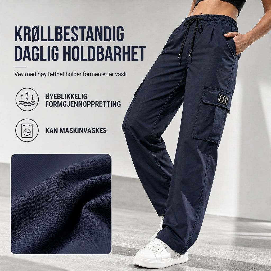 Dames løstsittende cargo-bukser med rette ben, elastisk midje med snøring og praktiske sidelommer-6