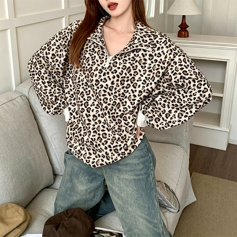 Damegenser med leopardmønstring og kvart glidelås-11