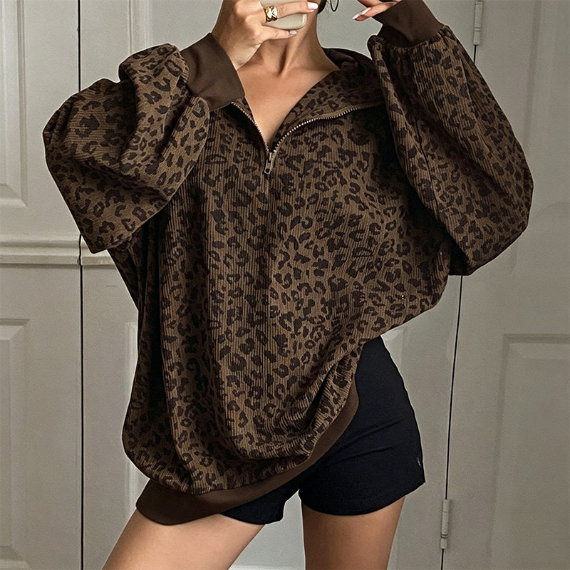 Damegenser med leopardmønstring og kvart glidelås-8