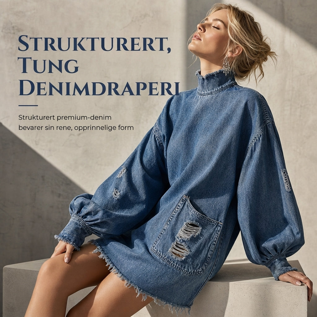 Dame overdimensjonert dongeri minikjole med falsk hals-3