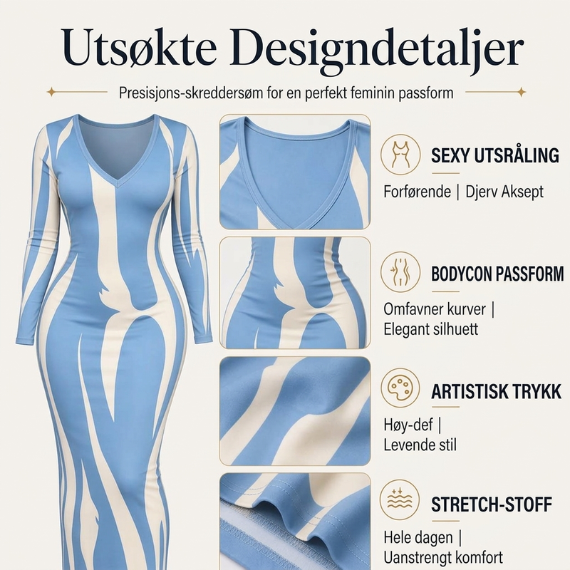 Trykt langermet bodycon-maksikjole for kvinner-1