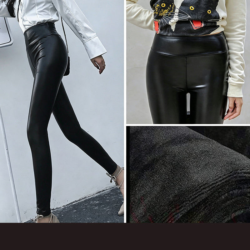 Dame høy midje PU-skinn leggings-11