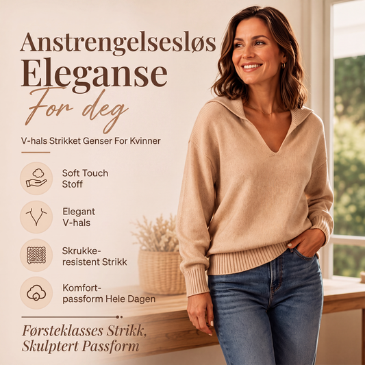 Strikket genser med V-hals og reverskrage for kvinner