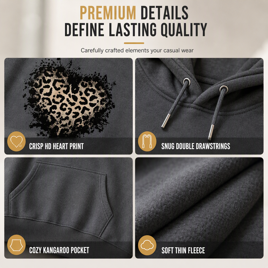 Dame casual fleece hettegenser med leopardhjerte-grafikk og kengurulomme-4