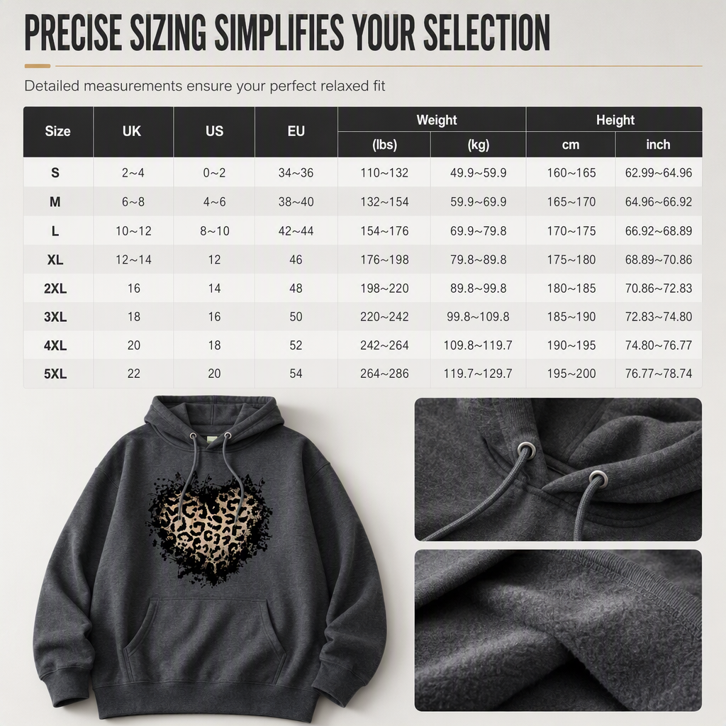 Dame casual fleece hettegenser med leopardhjerte-grafikk og kengurulomme-7