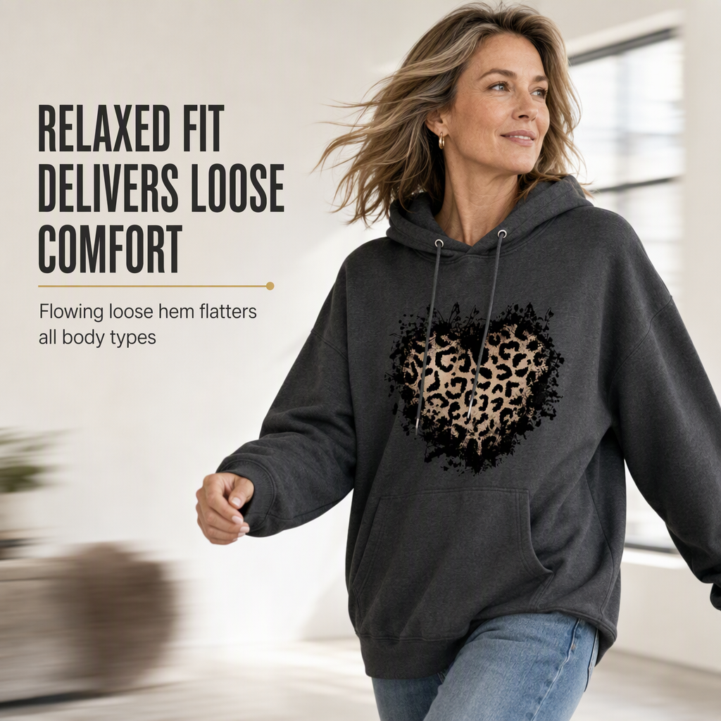 Dame casual fleece hettegenser med leopardhjerte-grafikk og kengurulomme-5