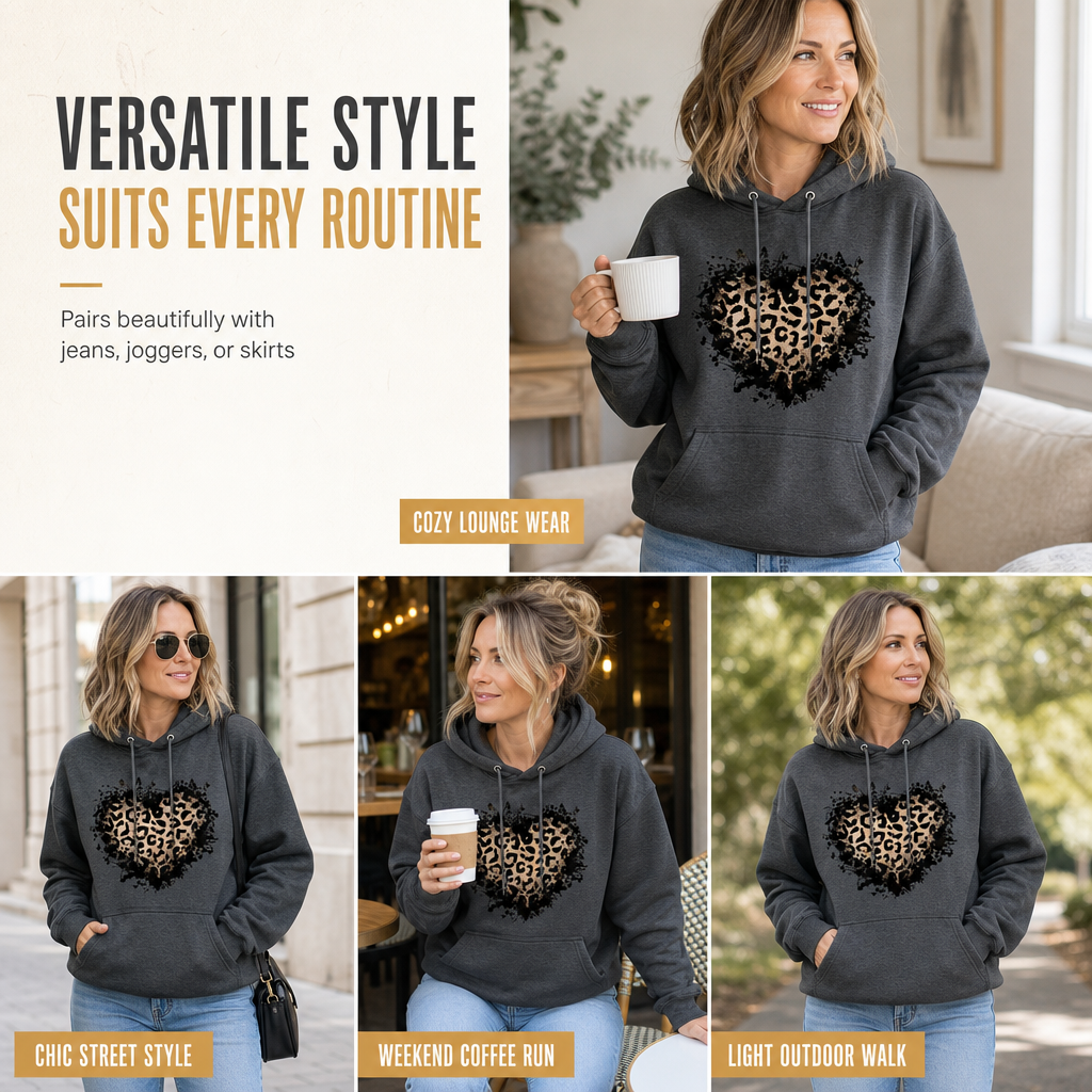 Dame casual fleece hettegenser med leopardhjerte-grafikk og kengurulomme-6