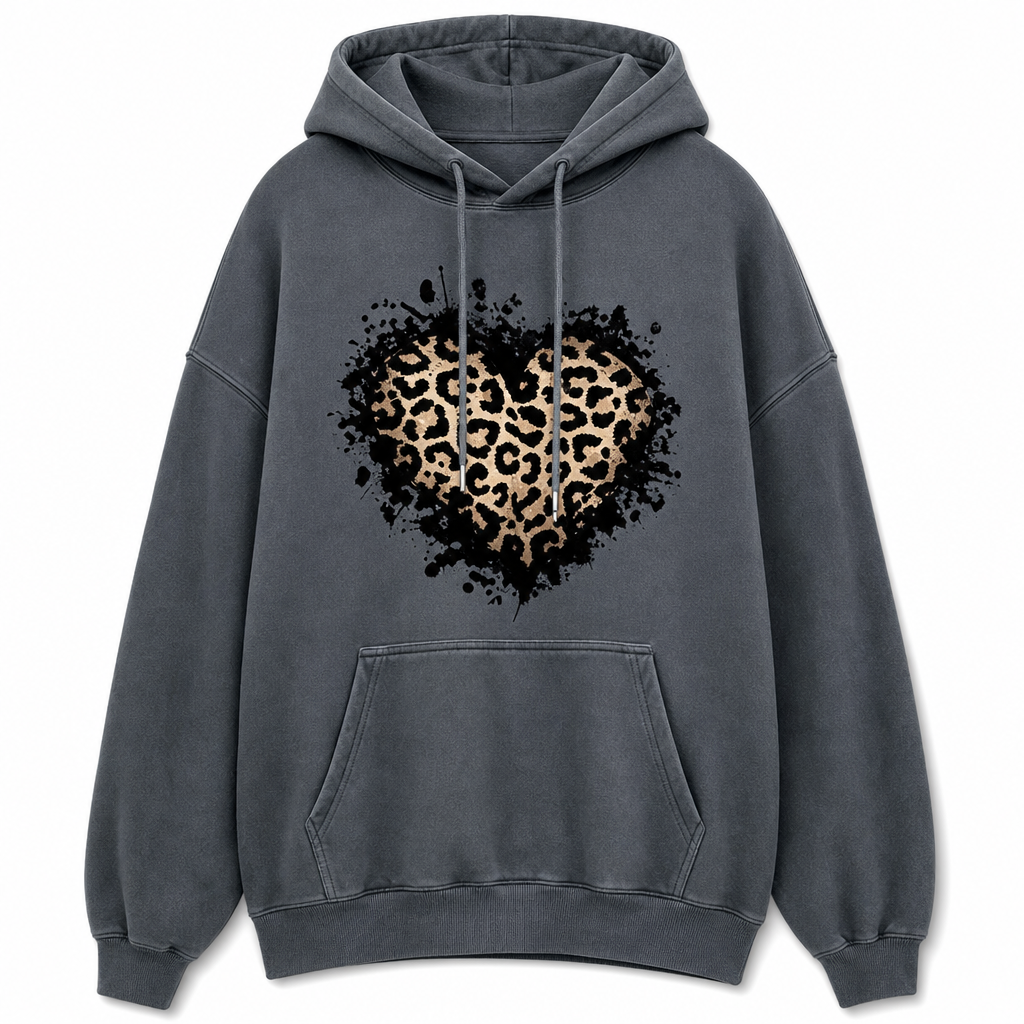 Dame casual fleece hettegenser med leopardhjerte-grafikk og kengurulomme-8