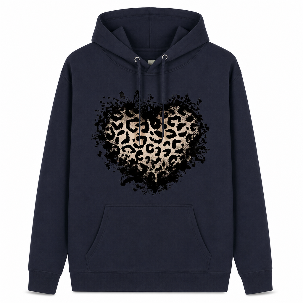 Dame casual fleece hettegenser med leopardhjerte-grafikk og kengurulomme-9