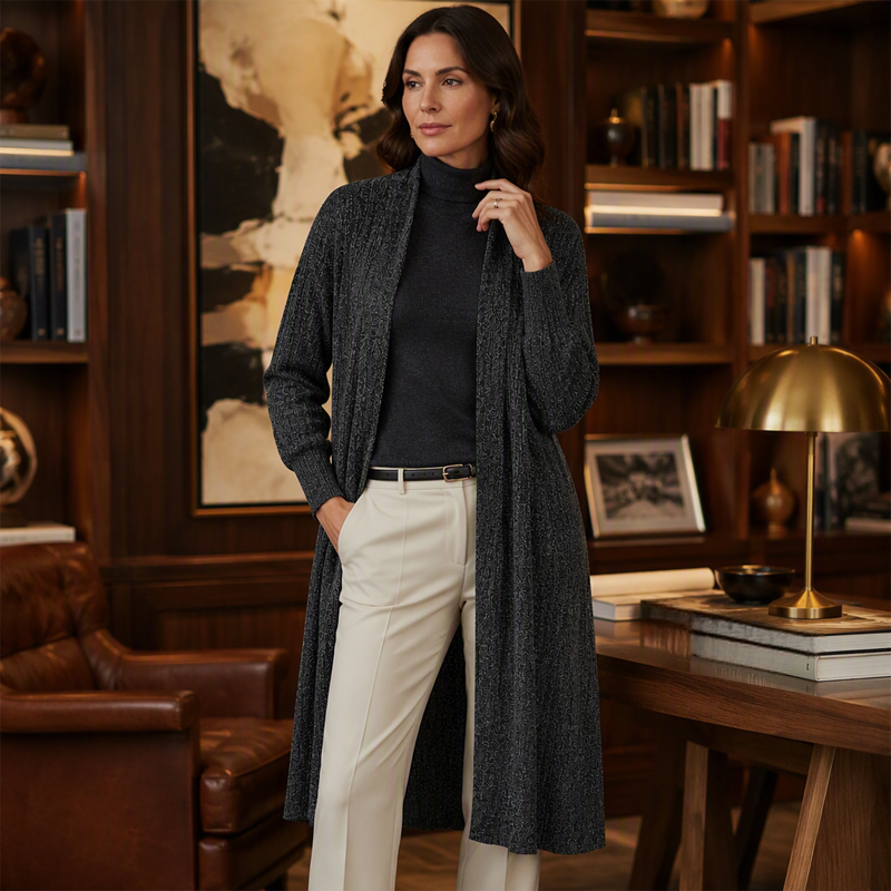Dame koselig ribbestrikket lang cardigan-8