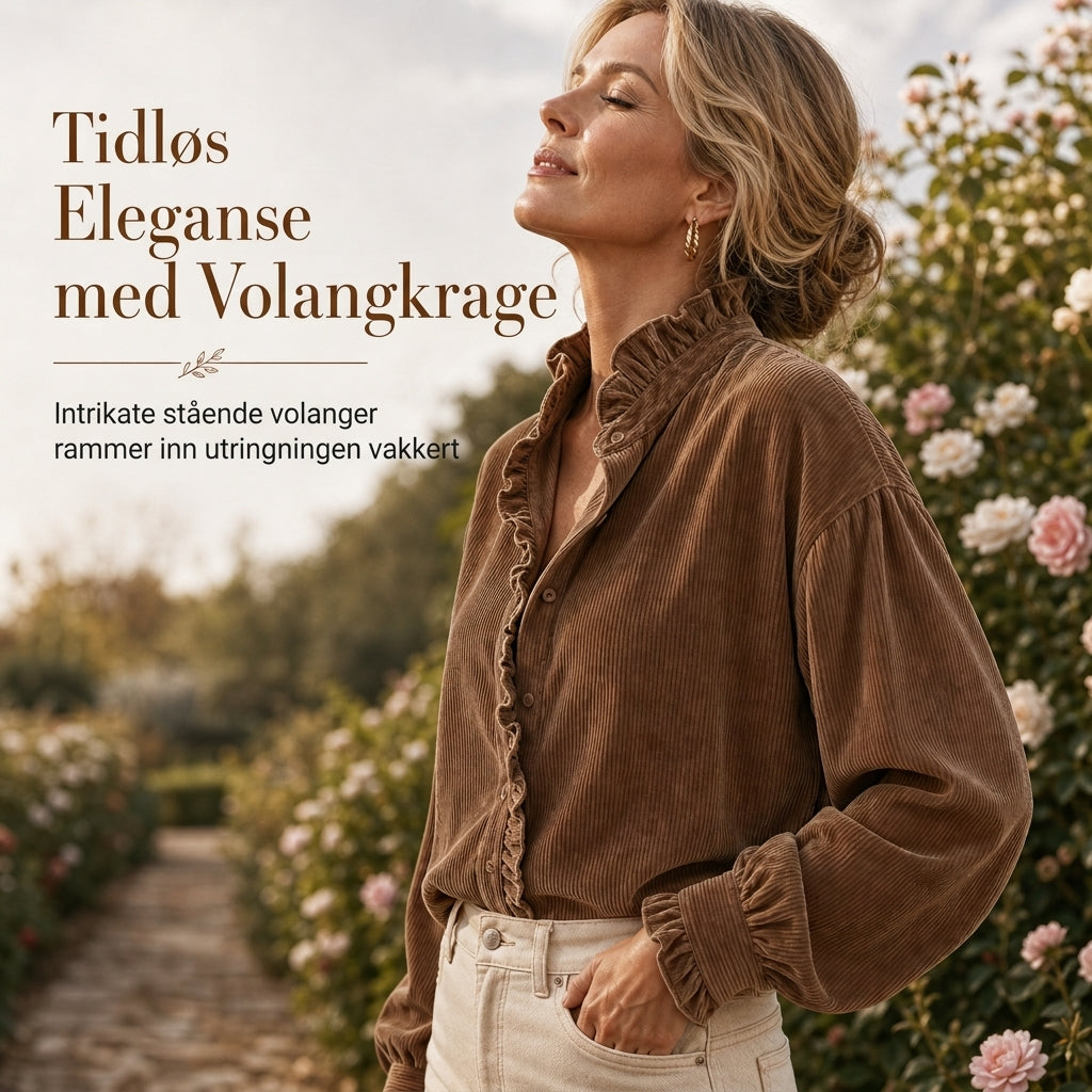 Dame vintage bluse i cordfløyel med volangkrage og lange lanternermer-3