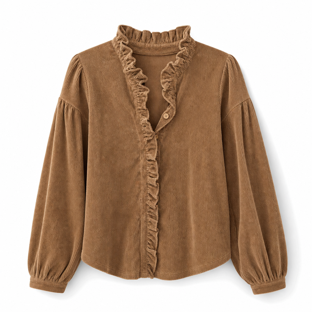 Dame vintage bluse i cordfløyel med volangkrage og lange lanternermer-9