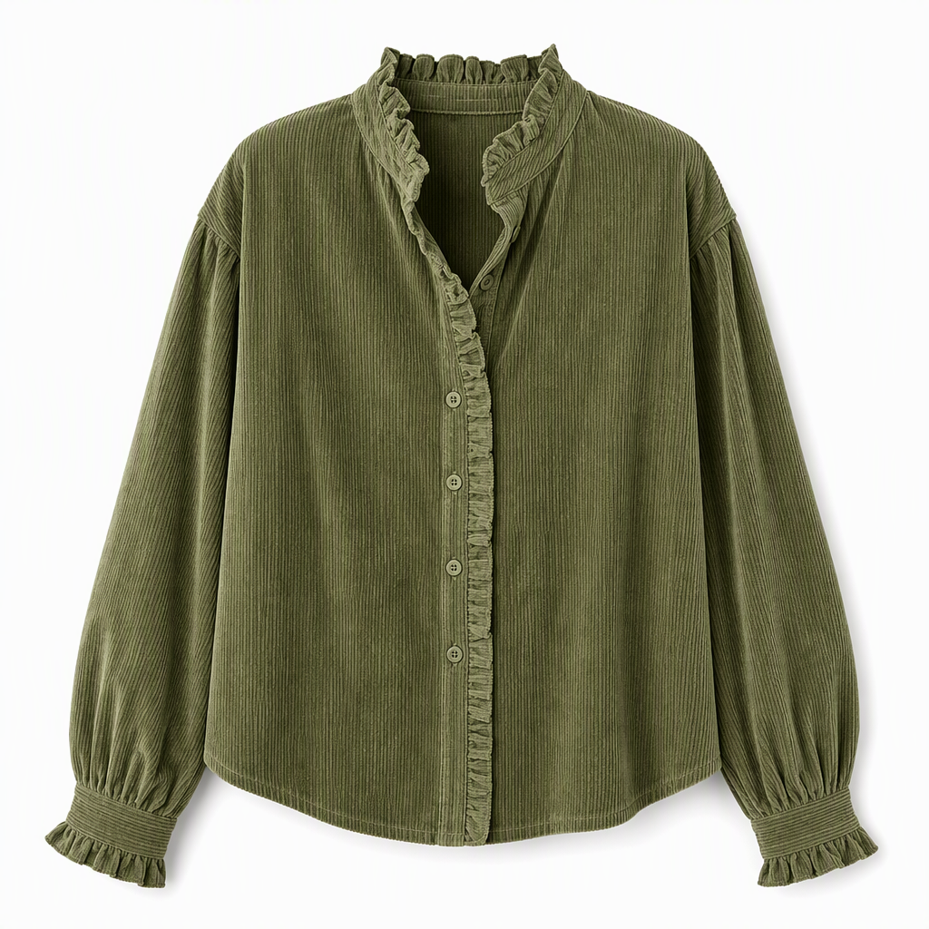 Dame vintage bluse i cordfløyel med volangkrage og lange lanternermer-8