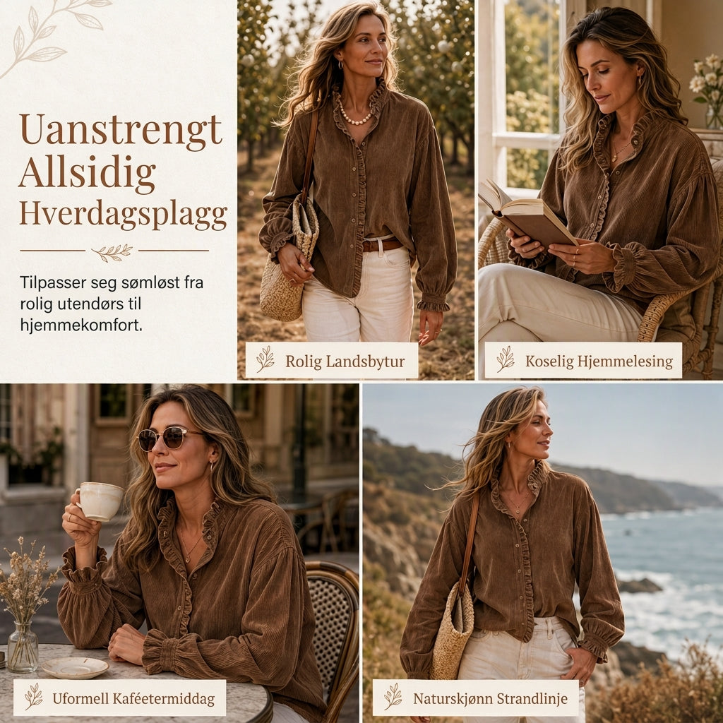 Dame vintage bluse i cordfløyel med volangkrage og lange lanternermer-6
